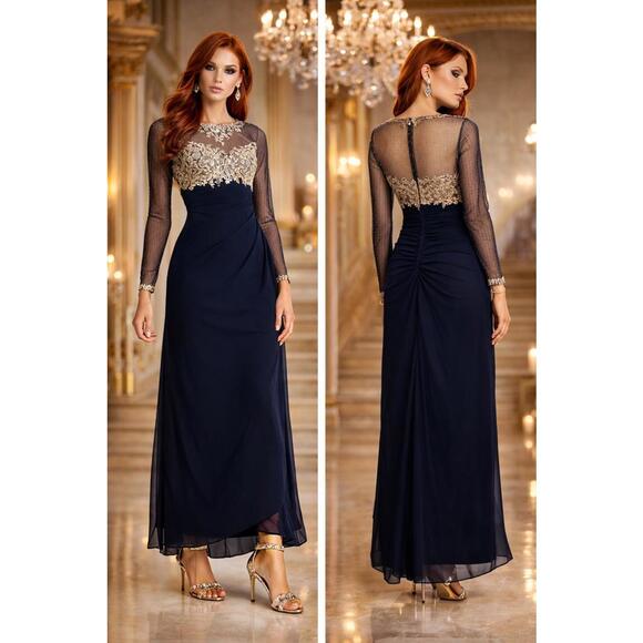 Xscape Dresses & Skirts - XSCAPE  Embellished Illusion-Bodice Ruched Gown Long Sleeve Modest sz 10P NWT